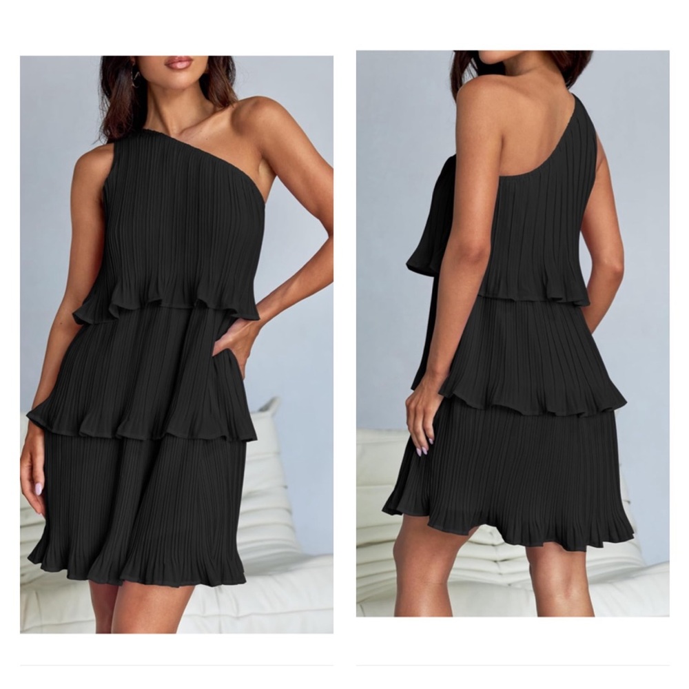 Mini Dress Boho One Shoulder Ruffle Tiered Layered Chiffon Flowy A Line Dresses